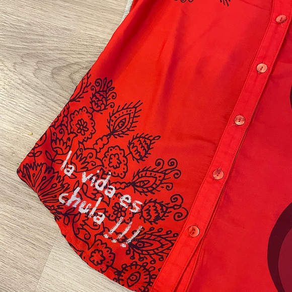 DESIGUAL Red & Grey Floral Designer ButtonUp Blouse Top. Size L - Picture 5 of 11